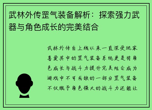 武林外传罡气装备解析：探索强力武器与角色成长的完美结合