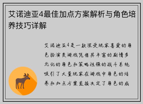 艾诺迪亚4最佳加点方案解析与角色培养技巧详解